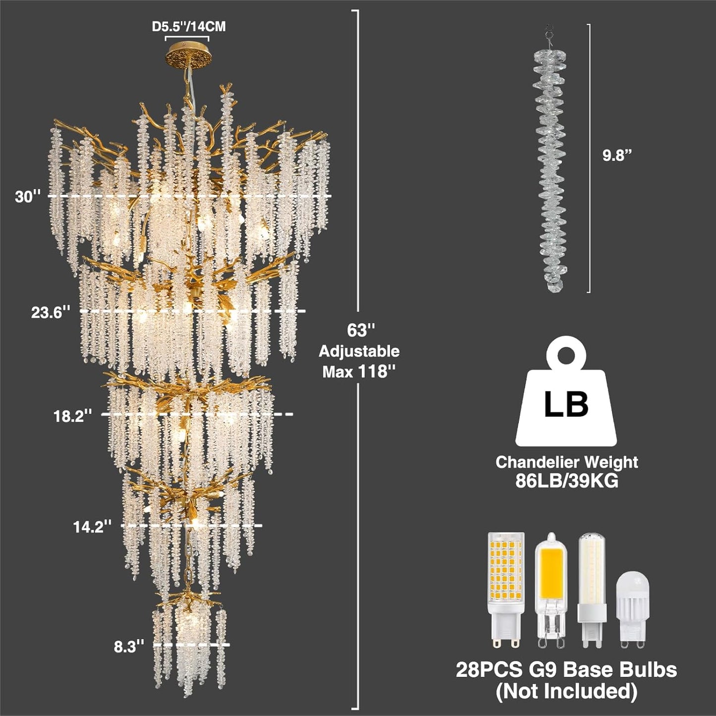 YUYI Upgraded 118'' Long Crystal Chandelier for High Ceiling, 28-Light Modern Gold Tree Branch Chandelier, Large Chandeliers for Foyer, Entryway, Staircase, 5-Tier Luxury K9 Raindrop Light Fixtures