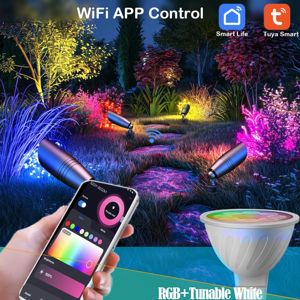 Smart RGB Low Voltage Landscape Lighting, 12V Color Changing Outdoor Spot Lights, Waterproof IP65 LED Garden Lights with App Control, Warm White to Multicolor, Uplight for Driveway (4Pack)
