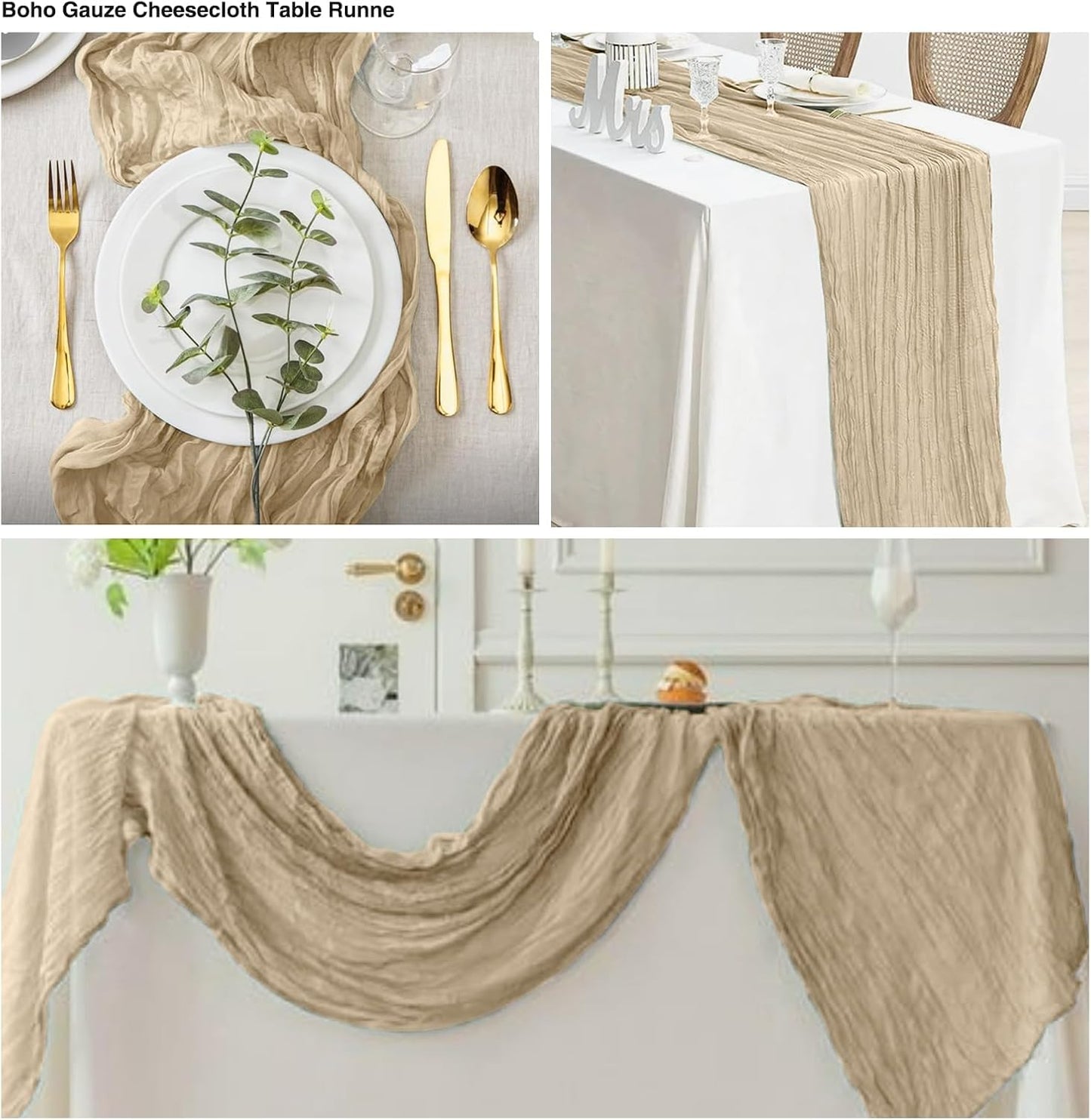 12 Pack Beige 10 Ft Cheesecloth Table Runner 20x121 Inch Boho Wrinkled Sheer Romantic Gauze Decor for Wedding, Bridal Shower, Birthday Party