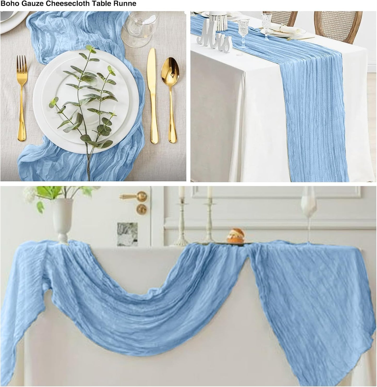 12 Pack Light Blue 10 Ft Cheesecloth Table Runner 20x120 Inch Boho Wrinkled Sheer Romantic Gauze Decor for Wedding, Bridal Shower, Birthday Party