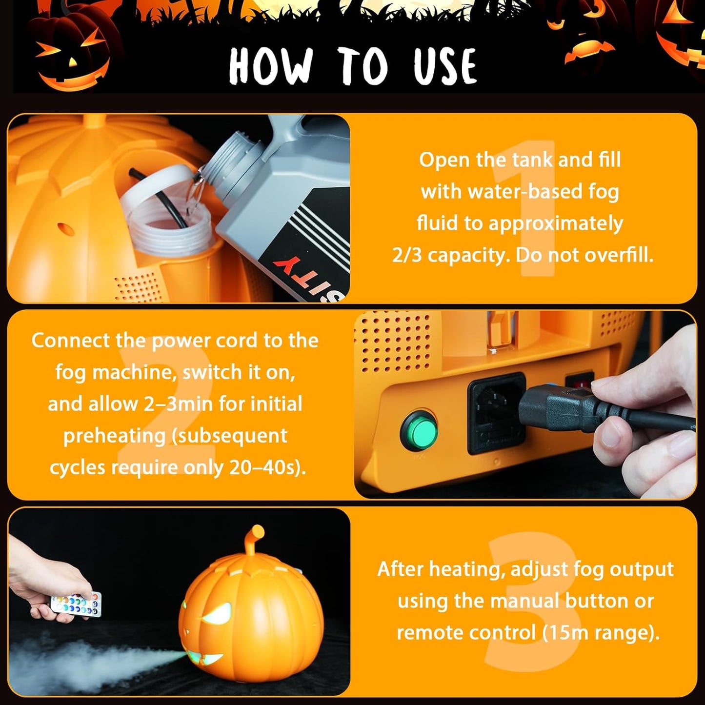 Fog Machine with LED RGB Lights, 800W Halloween Fog Machine with Remote Control, Pumpkin Smoke Machine 12 Colors Lighting Effect for Halloween Band DJ Show Club Outdoor Camping, 3 Pack