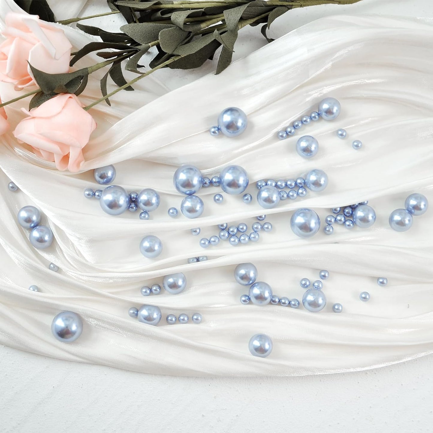 520Pcs Greyblue Beads for Centerpieces Decor, Artifical Pearls Vase Filler, Large Beads for Makeup Brush, No Hole Round Pearl Beads for Wedding Birthday Christmas Party Home Decor(18mm 14mm 6mm)
