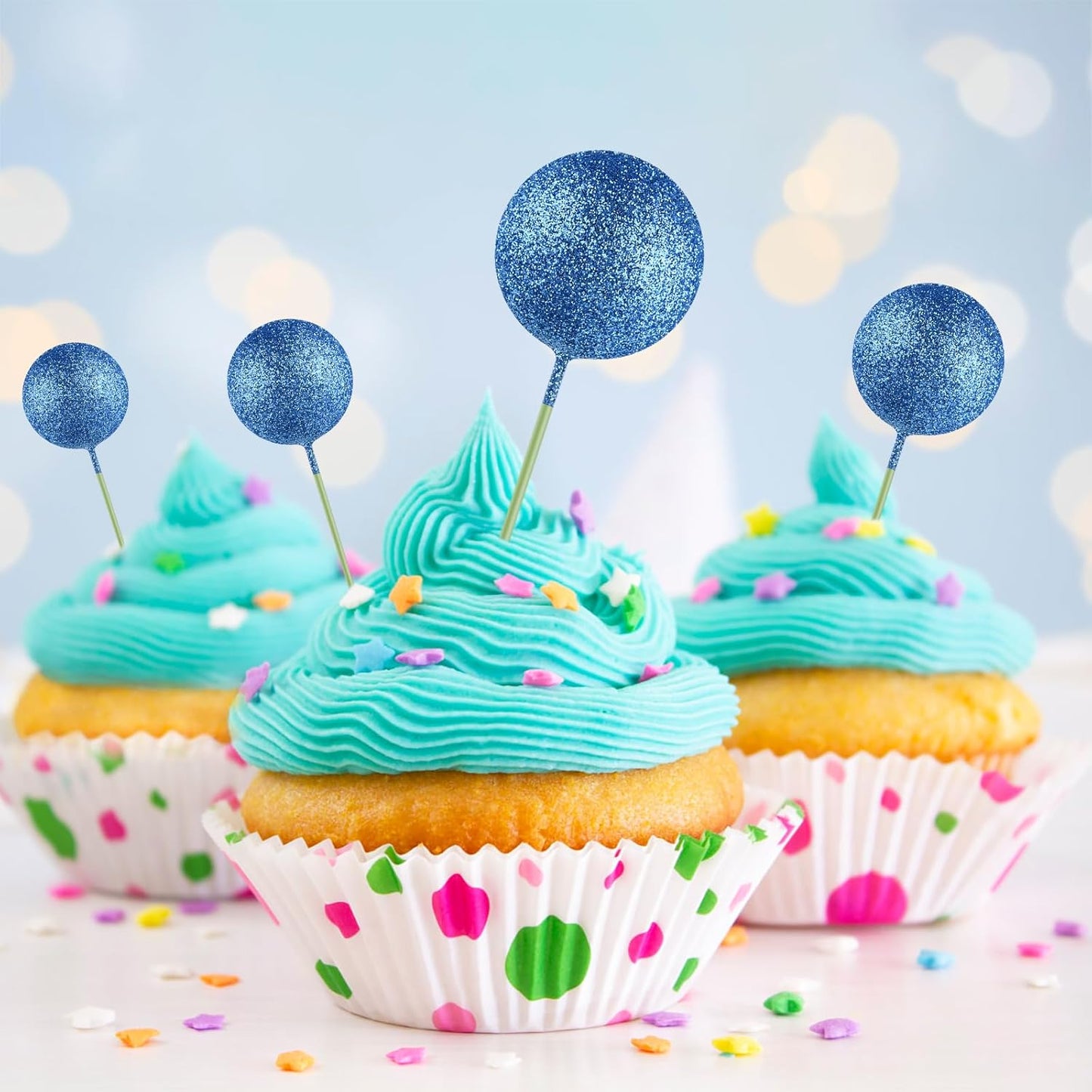 ASTARON 20 Pcs Ball Cake Topper Decorations Mini Cake Balloons Sticks Blue Glitter Cake Topper Balls for Graduation Wedding Birthday Cake Decorations
