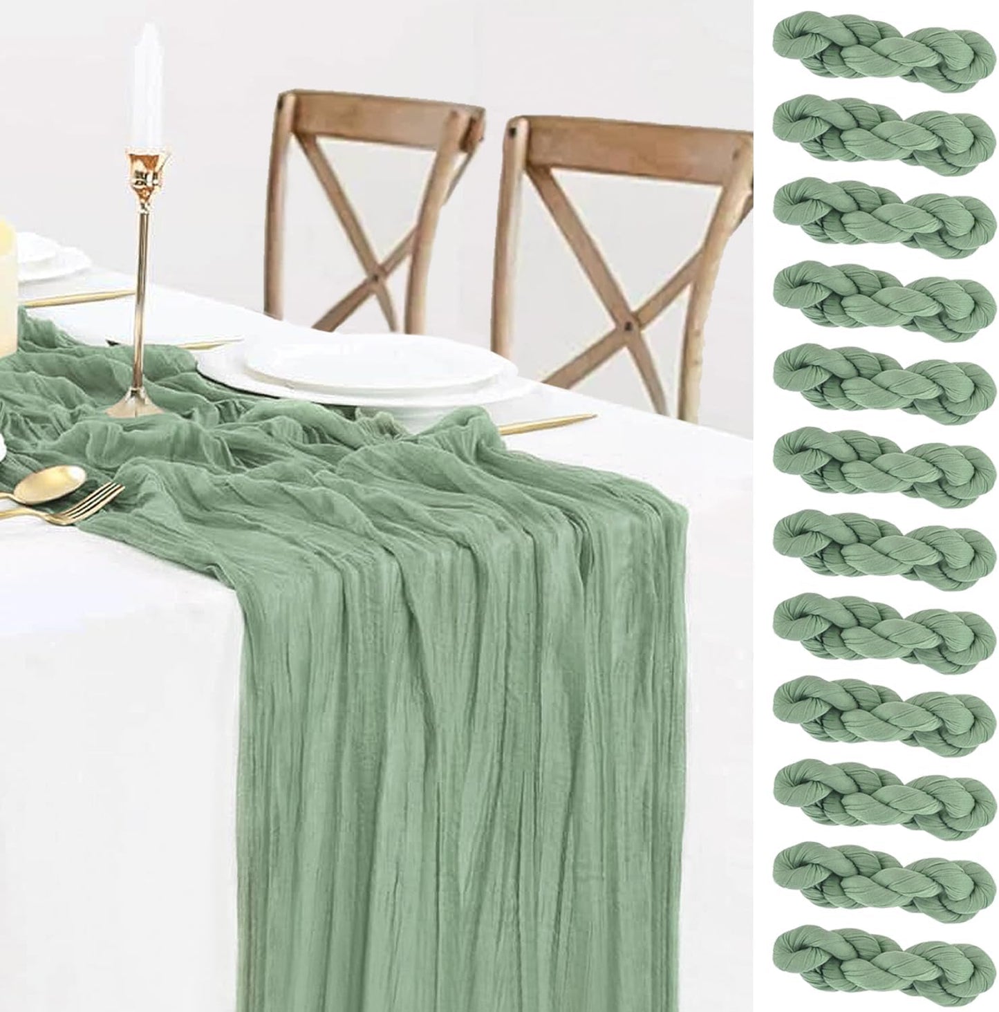 12 Pack Sage Green Table Runner Cheesecloth 35x120 Inch, 10Ft Boho Sheer Gauze Table Runner Cheese Cloth Runner for Wedding Baby Shower Fall Thanksgiving Home Decorations