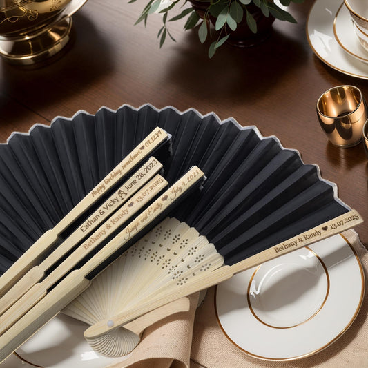 25Pcs Personalized Silk Fans Folding Hand Fan, Custom Wedding Bridal Party Favors, Summer Wedding Bride, Wedding Gift, Thank You Gift (Black)