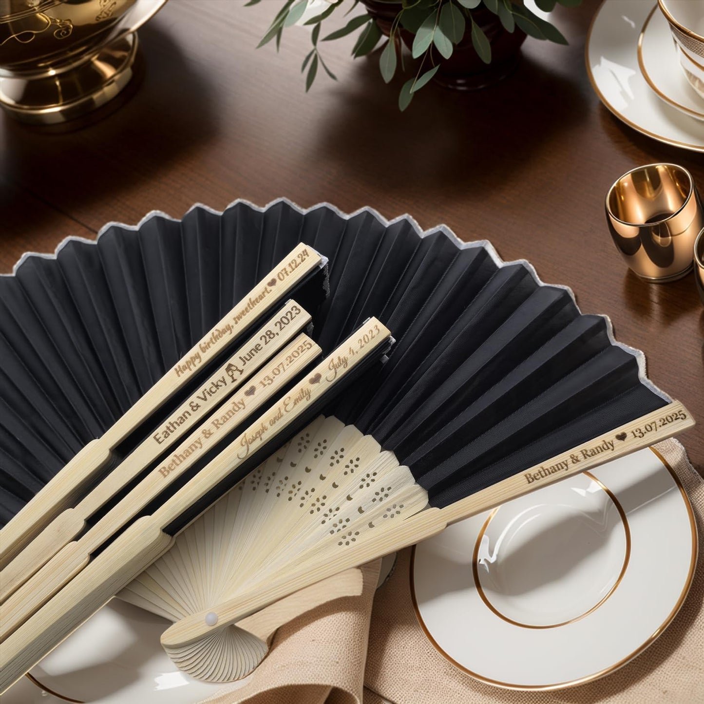 15Pcs Personalized Silk Fans Folding Hand Fan, Custom Wedding Bridal Party Favors, Summer Wedding Bride, Wedding Gift, Thank You Gift (Black)