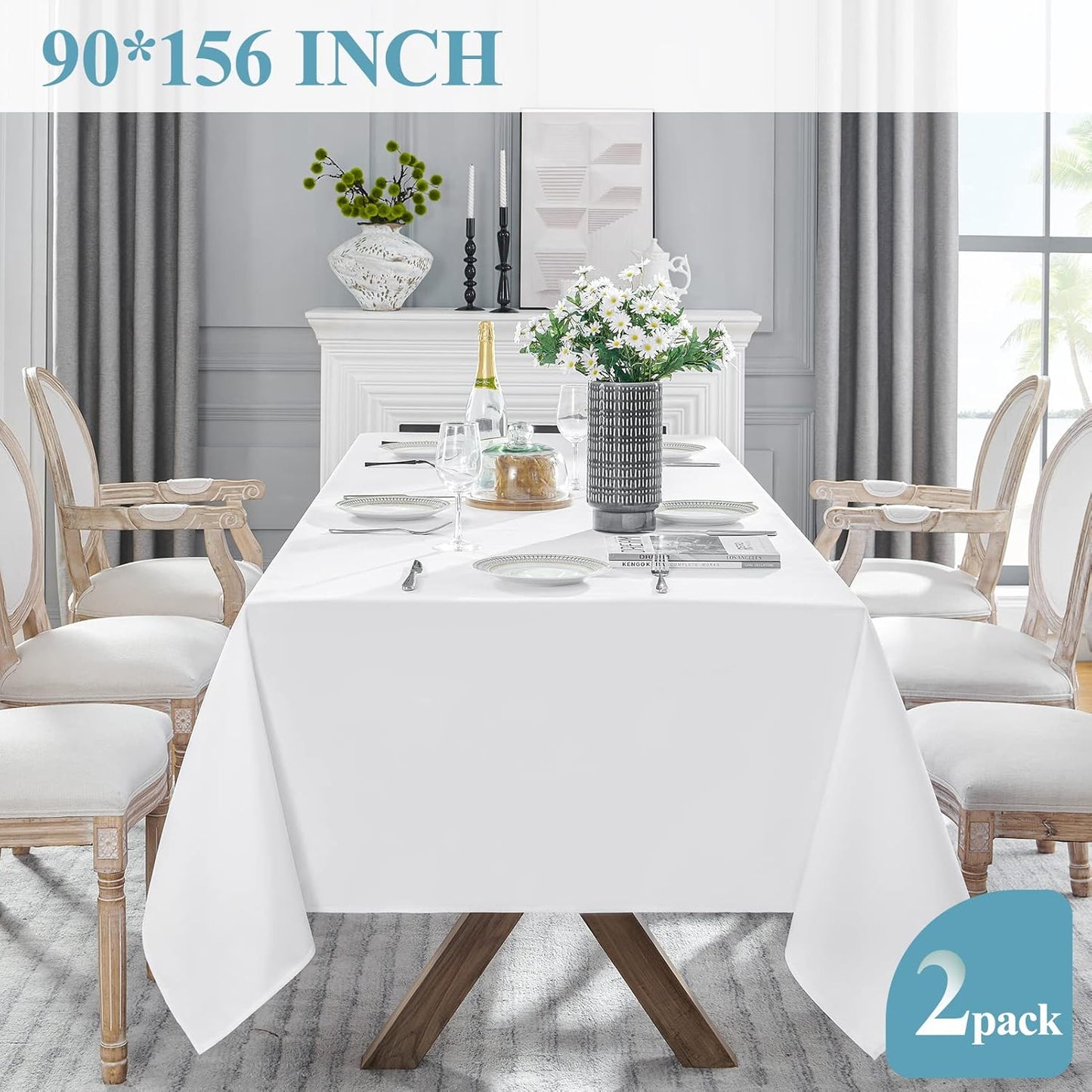 VidaFete Tablecloth 90 * 156inch 2pack Rectangle Table Cloth Polyester, Stain Wrinkle Resistant Dining Table Cover for Kitchen Dinning Party Wedding Rectangular Tabletop Buffet Decoration(White)