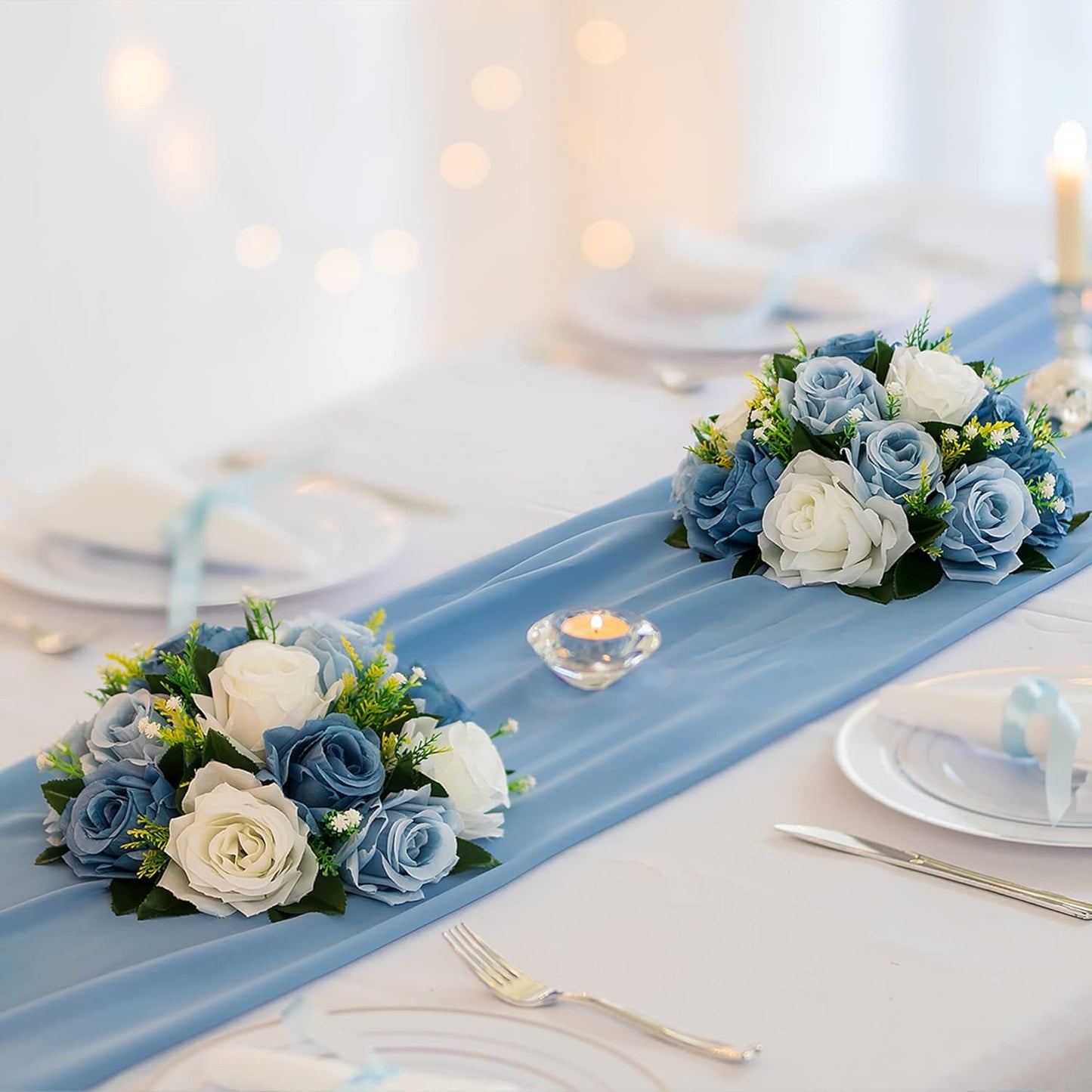 BLOSMON Flower Ball Centerpieces for Table 6 Pcs Fake Rose Centerpiece Flowers Dusty Blue Artificial Silk Floral Arrangement Center Piece Kissing Bouquet for Wedding Party Home Decor