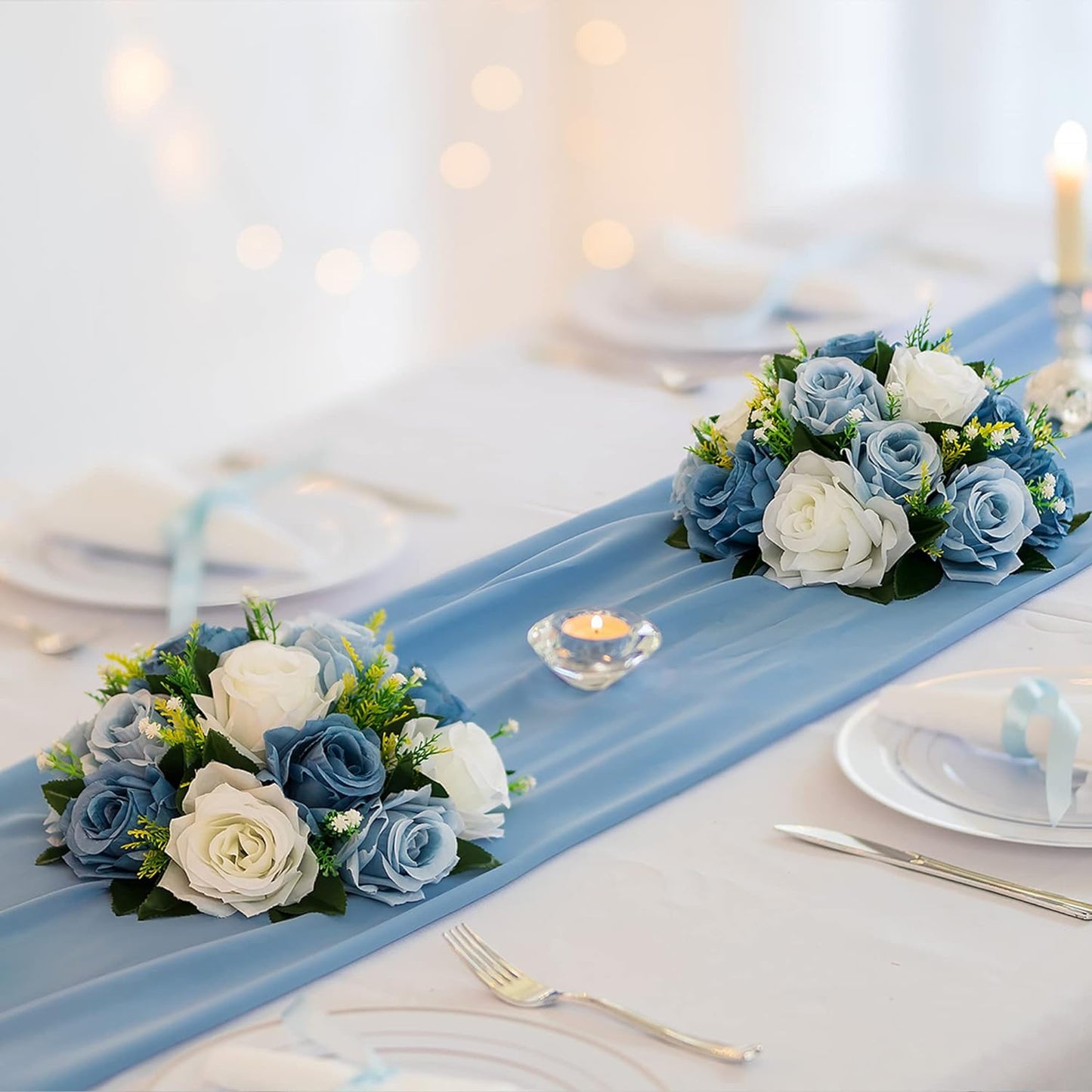BLOSMON Flower Ball Centerpieces for Table 2 Pcs Fake Rose Centerpiece Flowers Dusty Blue Artificial Silk Floral Arrangement Center Piece Kissing Bouquet for Wedding Party Valentines Day Home Decor