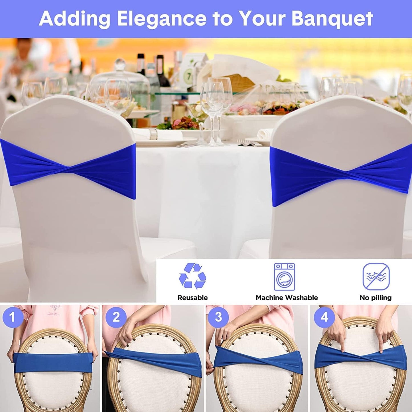 VDS Pack of 125 PCS | Black | Spandex Chair Sashes Bows Without Buckle | Stretch Elastic Banquet Universal Folding Chair Band Tie with for Wedding Party Conference Celebration Event Decoration