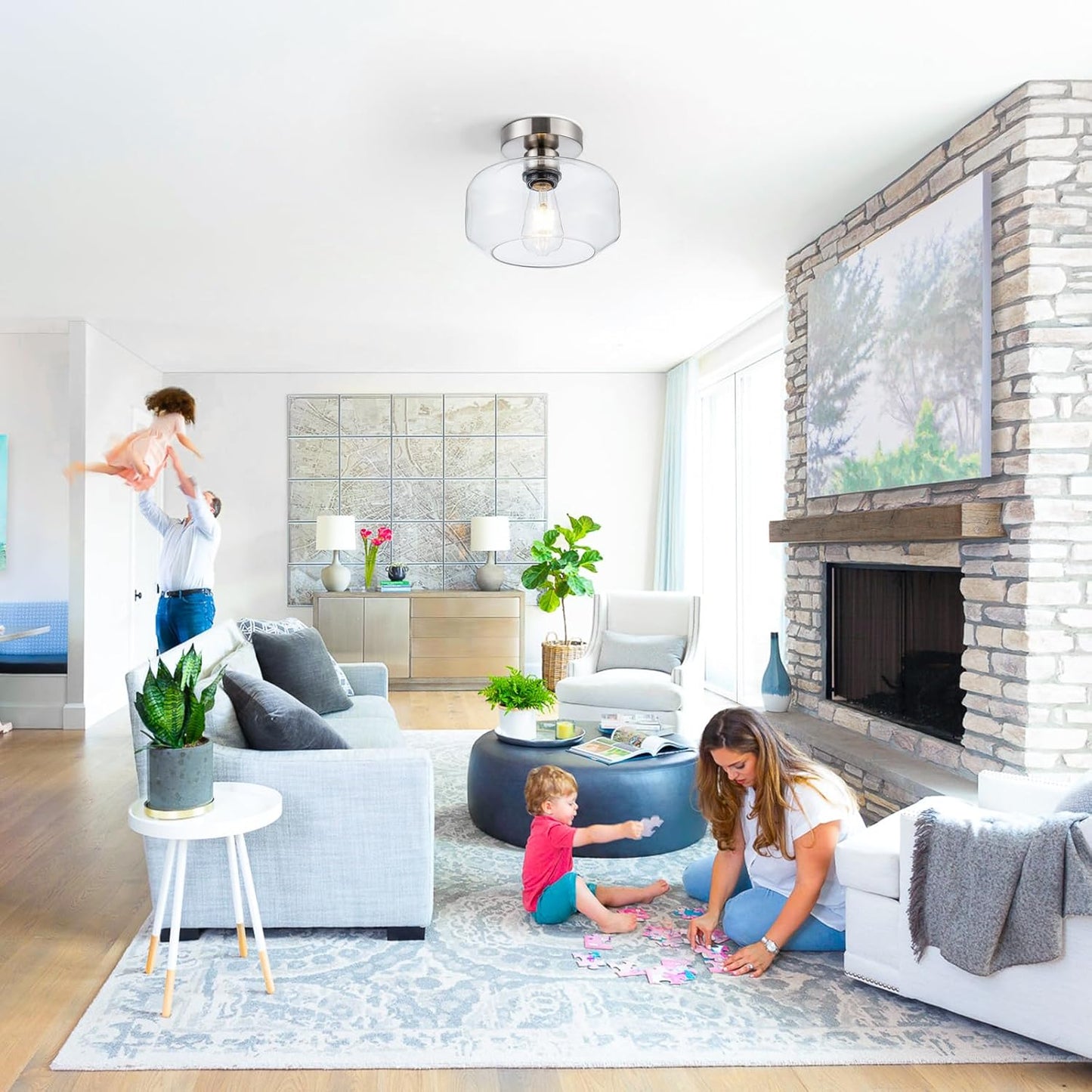 Semi Flush Mount Ceiling Light Fixture - Clear Glass & Brushed Nickel Base with 900 Lumen LED - Modern Kitchen Lighting Fixtures for Bathroom Hallway Entryway