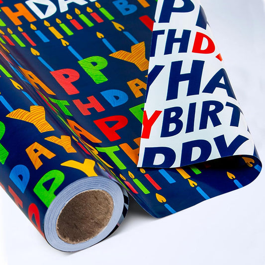 Yarcony Reversible Birthday Wrapping Paper Roll - 17 Inch X 33 Ft(46.8 Sq.Ft.Ttl) - Creative Colorful Happy Birthday Lettering & Candle Navy Blue Gift Wrap for Party, Baby Shower & Holiday