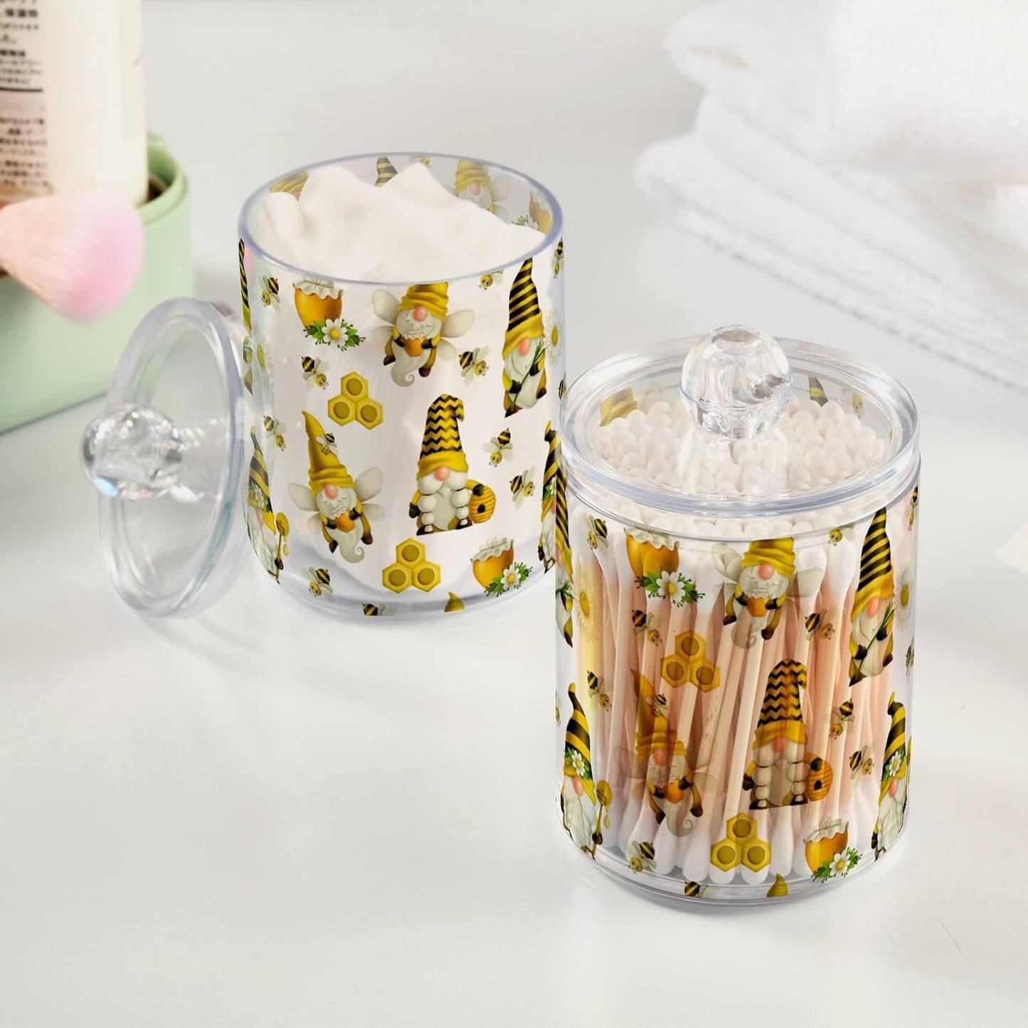 Qtip Holder Dispenser 4 Pack Gnome Bees Flying Dwarf Daisy Apothecary Jars with Lids Bathroom Vanity Countertop Canister Storage Organizer for Cotton Ball,Swabs,Pads,Floss