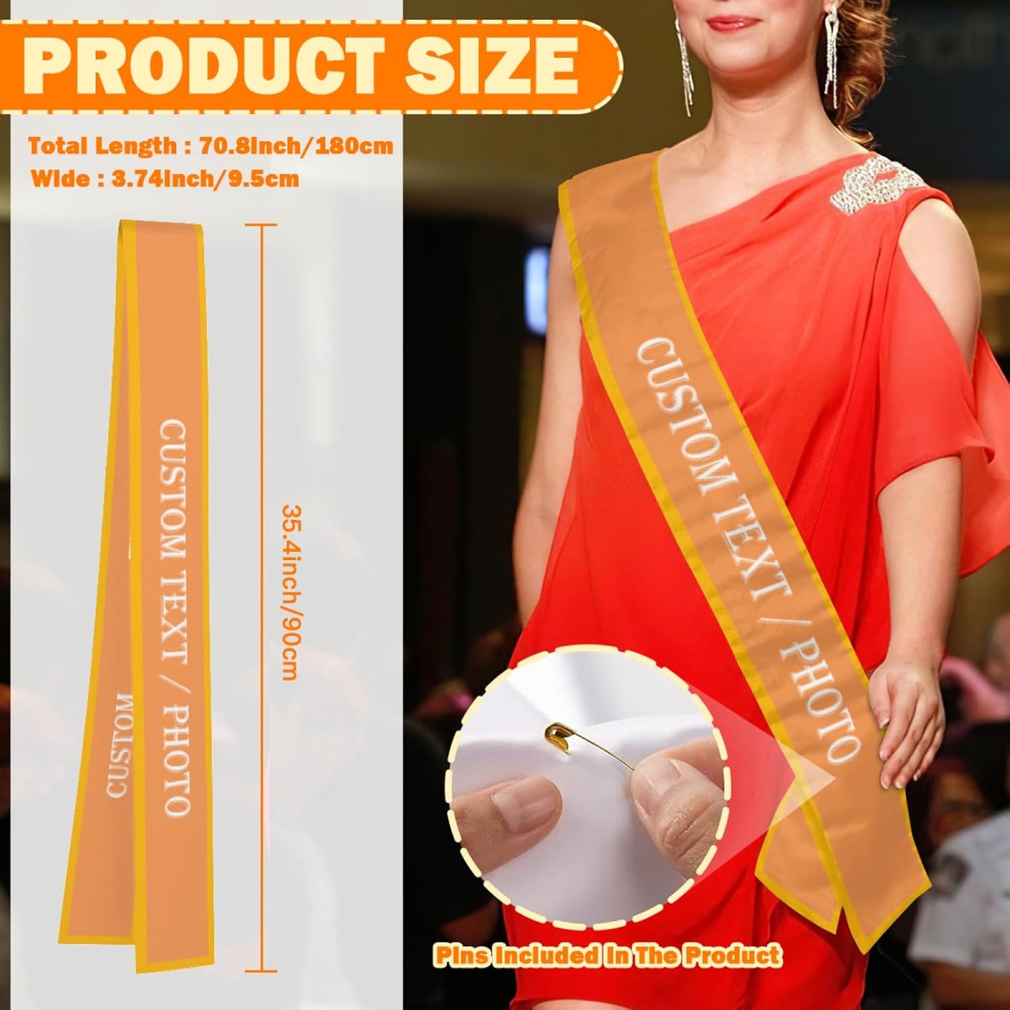 Custom Sash,Personalized Birthday Sash with Text Photo,Customized Bachelorette Sash Quote Sash Bride to Be Sash Color Optional (With decorative edge, Orange)