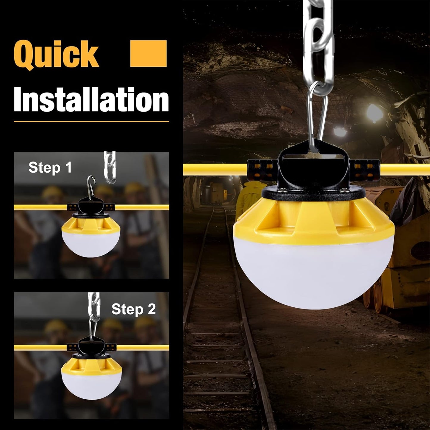 3-Prong 100FT Construction String Lights, IP65 Waterproof ETL Certified String Work Lights, 5000K Daylight 18AWG Wire Linkable Temporary Construction Lighting for Jobsite with 10 Bulbs & Hooks