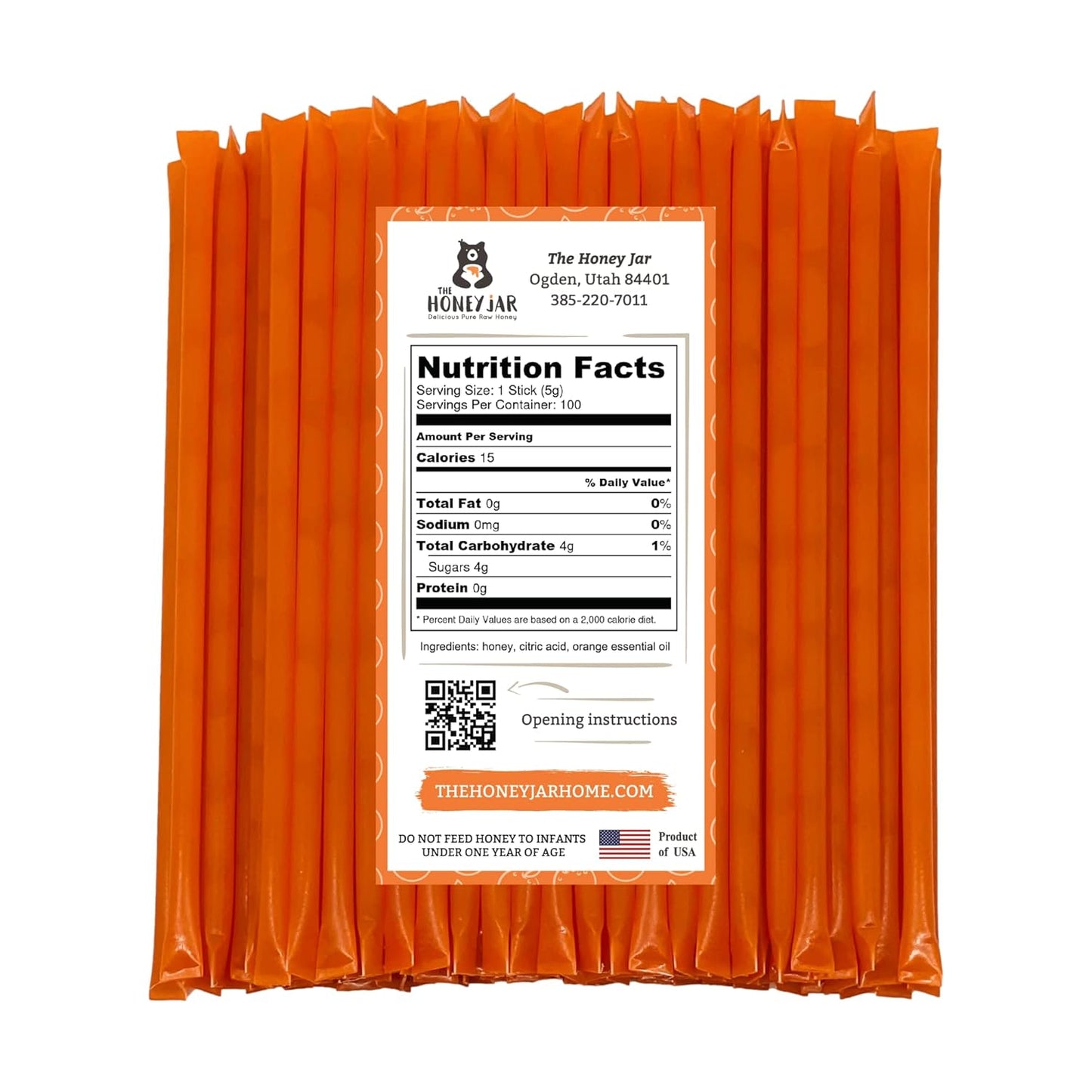 The Honey Jar Orange Flavored Honey Sticks - Pure Honey Straws For Tea, Coffee, or a Healthy Treat - One Teaspoon of Flavored Honey Per Stick - Made In The USA with Real Honey - (100 Count)
