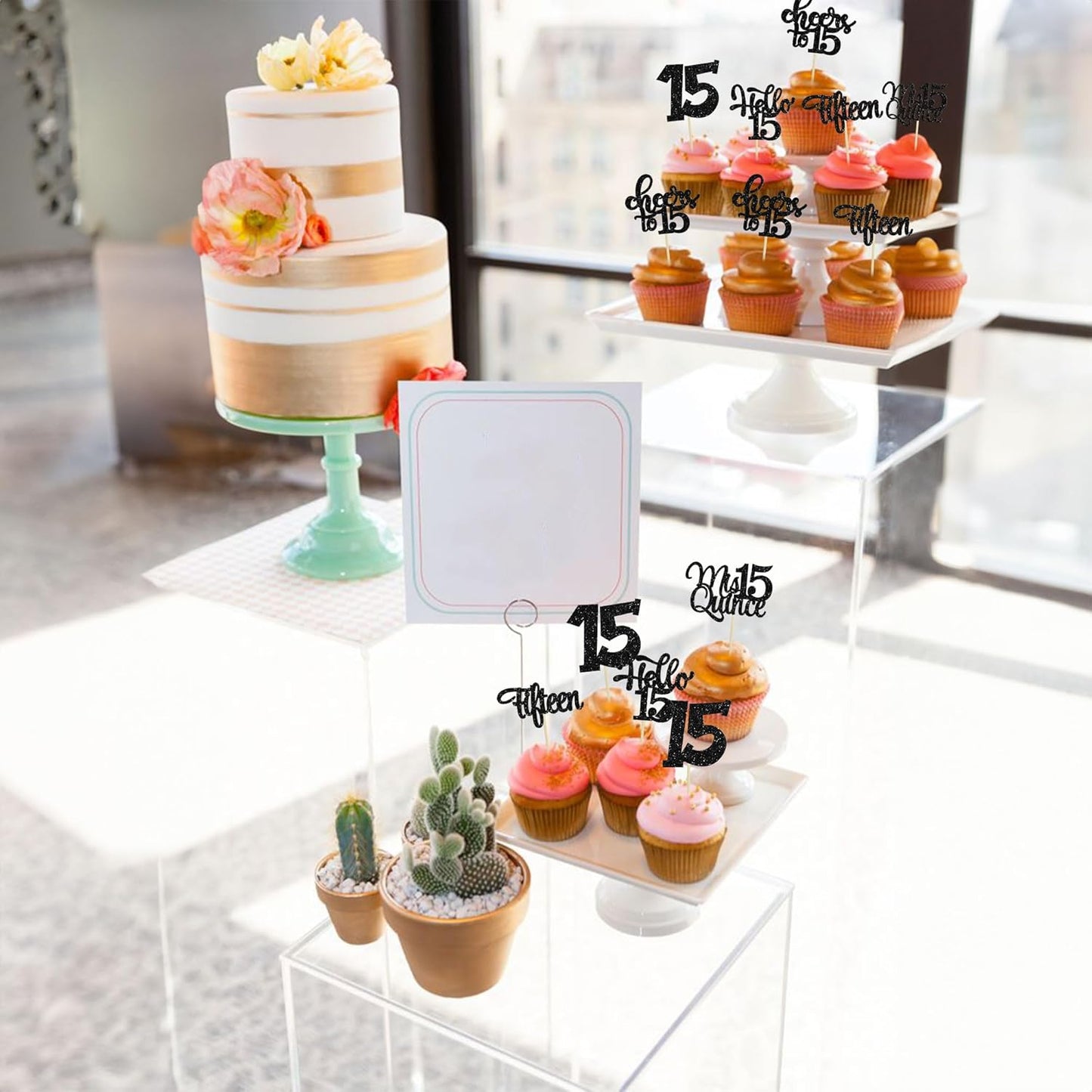 30Pcs 15th Birthday Cupcake Toppers Fifteen Cupcake Picks Cheers to 15 Years Old Mis Quince 15 Cake Decorations for 15th Birthday Anniversary Party Black Glitter