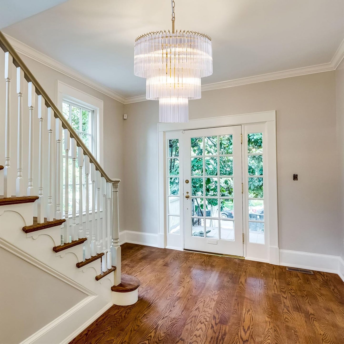 Wellmet 20 inch Crystal Chandelier, Contemporary Modern Bathroom Chandeliers, 7-Light Adjustable Hanging Round Glass Ceiling Light for Bedroom, Entryway, Dining Room, Foyer (Glass Tube)