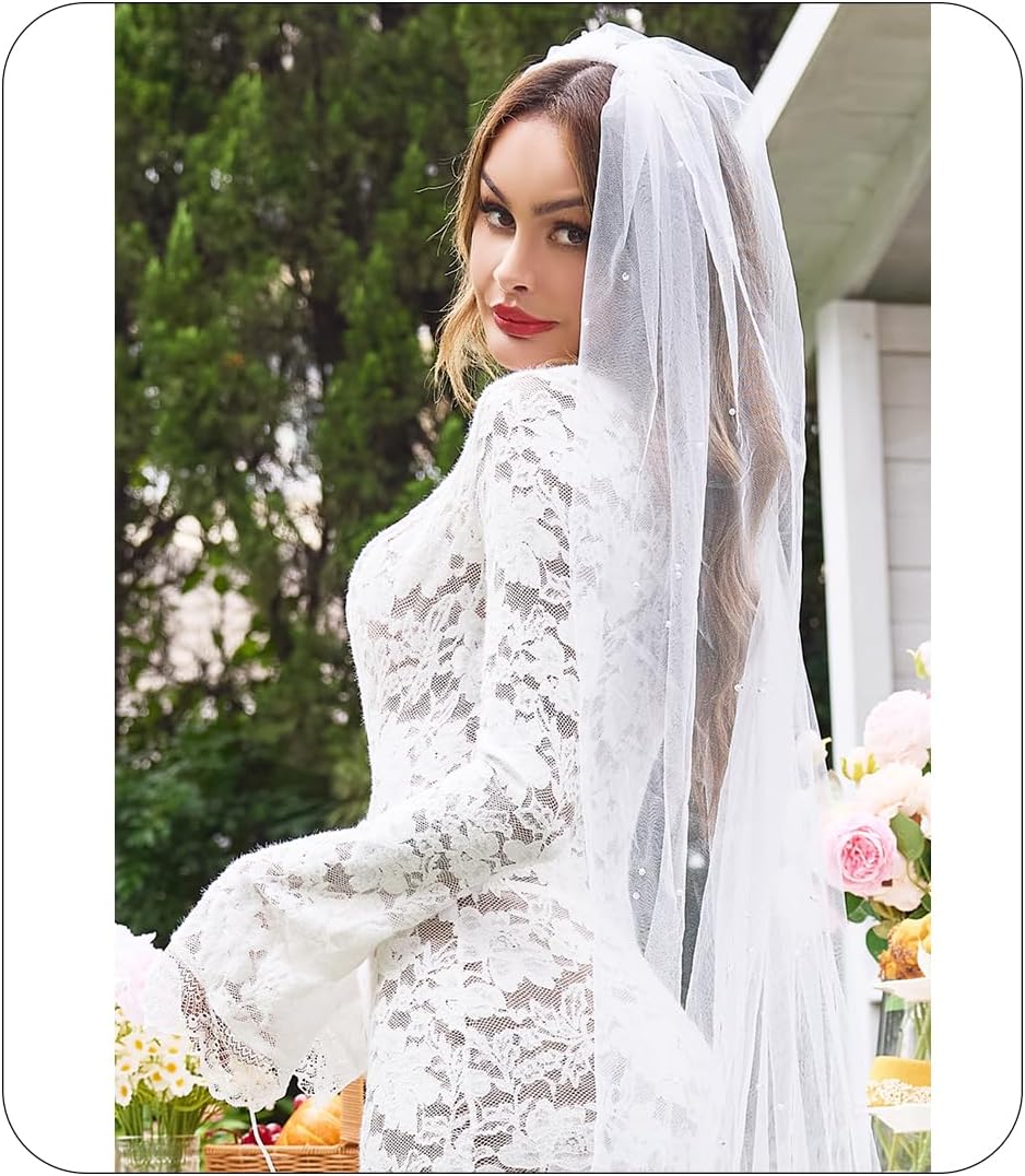 Lovasy Pearl Wedding Bridal Veil 1 Tier Long Veils with Metal Comb– Premium Wedding Accessories for Brides Bachelorette Party