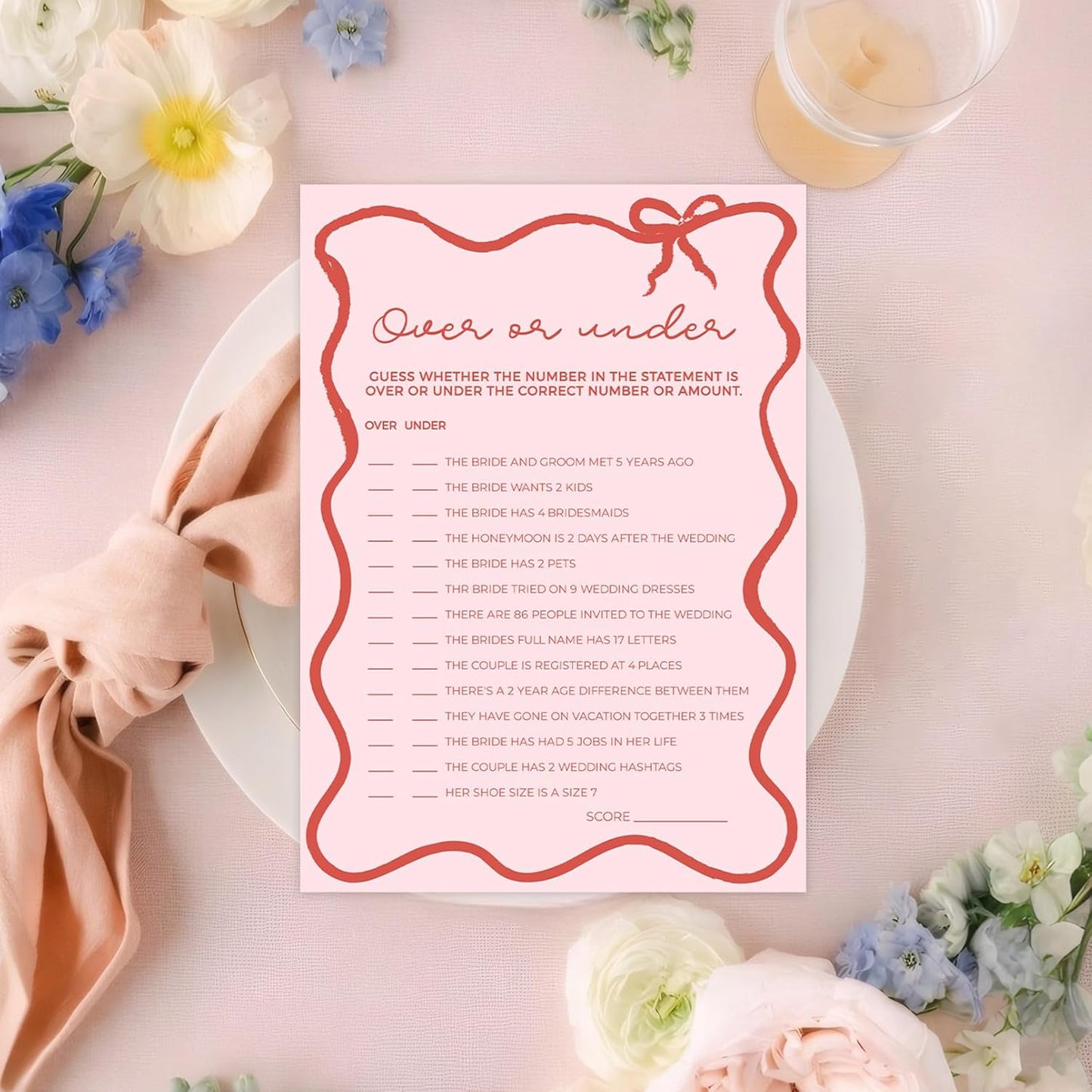 DEEKA 30 PCS Bridal Shower Games Card for 30 Guests Pink Wavy Border Ribbon Bow Funny Wedding Bachelorette Party Games for Reception (Over Or Under)