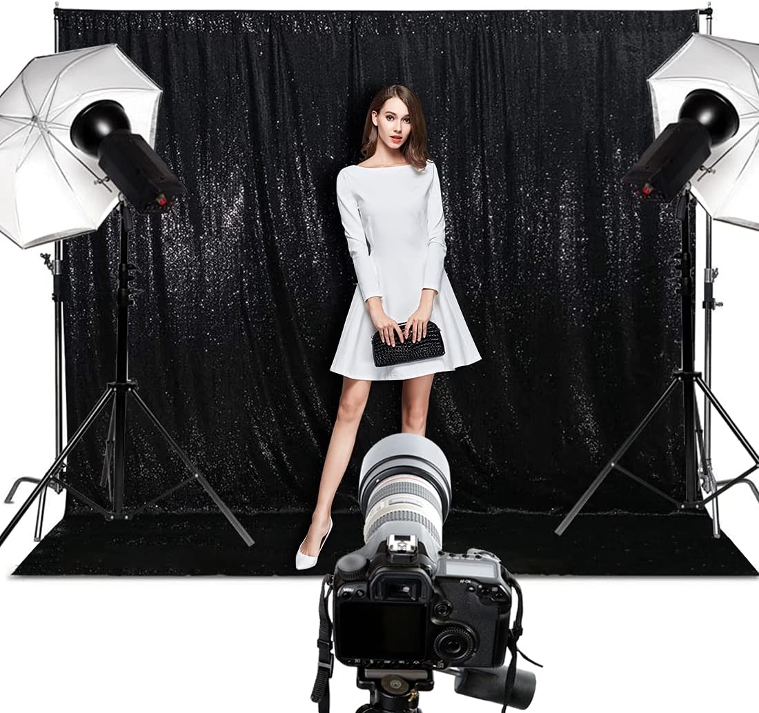 Poise3EHome Black Sequin Backdrop (6Ft x 6Ft),Thick Satin Black Sequin Photo Backdrop Curtain,Sparkly Opaque Photography Curtain Sequence Xmas Thanksgiving Backdrop for Wedding Party Decor