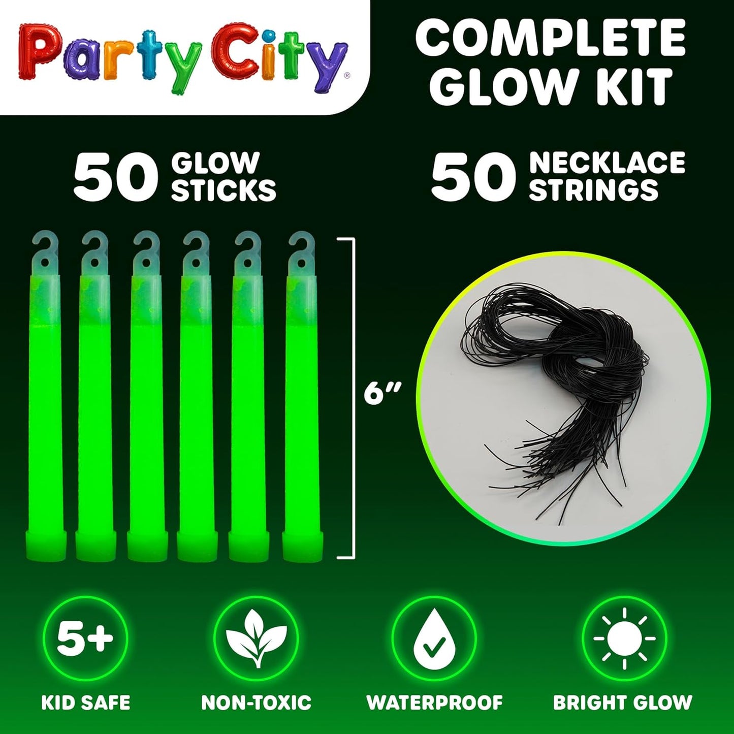 Party City Green Glow Sticks Bulk Pack 6”- 50pk Glow in the Dark Sticks for Kids, Waterproof Camping Survival Ultra Bright Emergency Light Stick with String, Neon Glowsticks Party Supplies Favors
