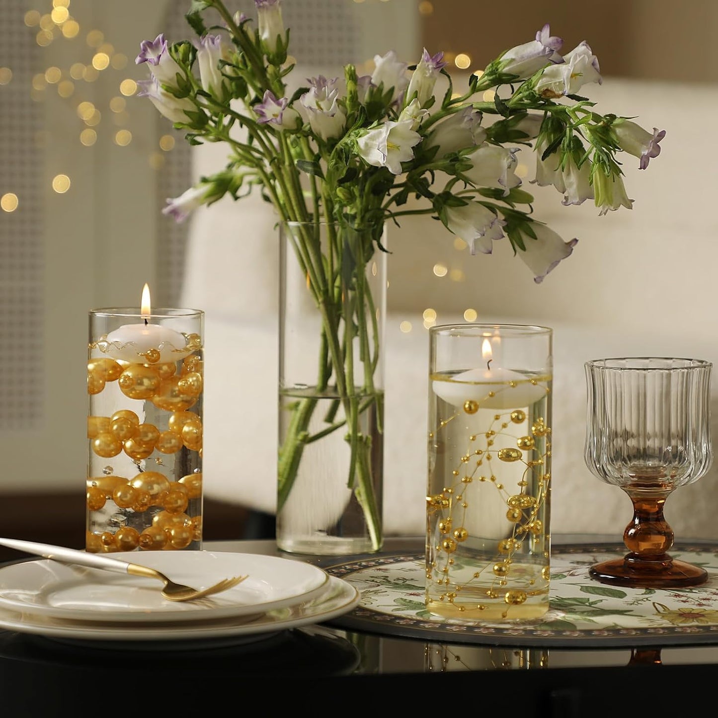 Set of 12 Glass Cylinder Vases for Centerpieces with 8 Pack Vase Filler 12 Pearl String 24 White Floating Candles for Table Centerpieces for Wedding Party Home Decor 5, 6, 8 Inch