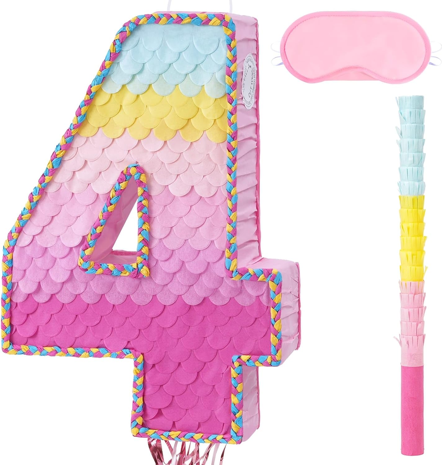 WERNNSAI Pink Sweet Four Pinata - Number 4 Pinata Happy Birthday Decoration Pink Rainbow Design Party Games for Girl Princess Baby Shower Party Favor with Blindfold Anniversary Celebration Supplies