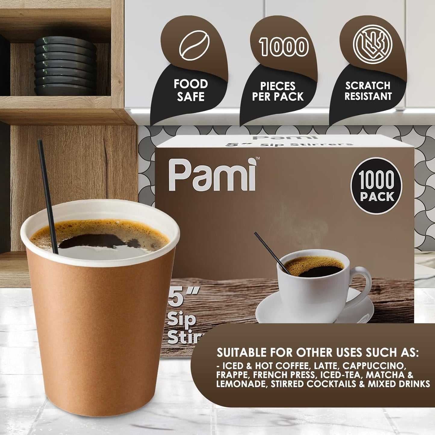PAMI 1000 Red Stir Straws 5in Disposable Plastic Coffee Stirrers Swizzle Sticks for Cocktails, Hot & Cold Beverages (Black One Size)