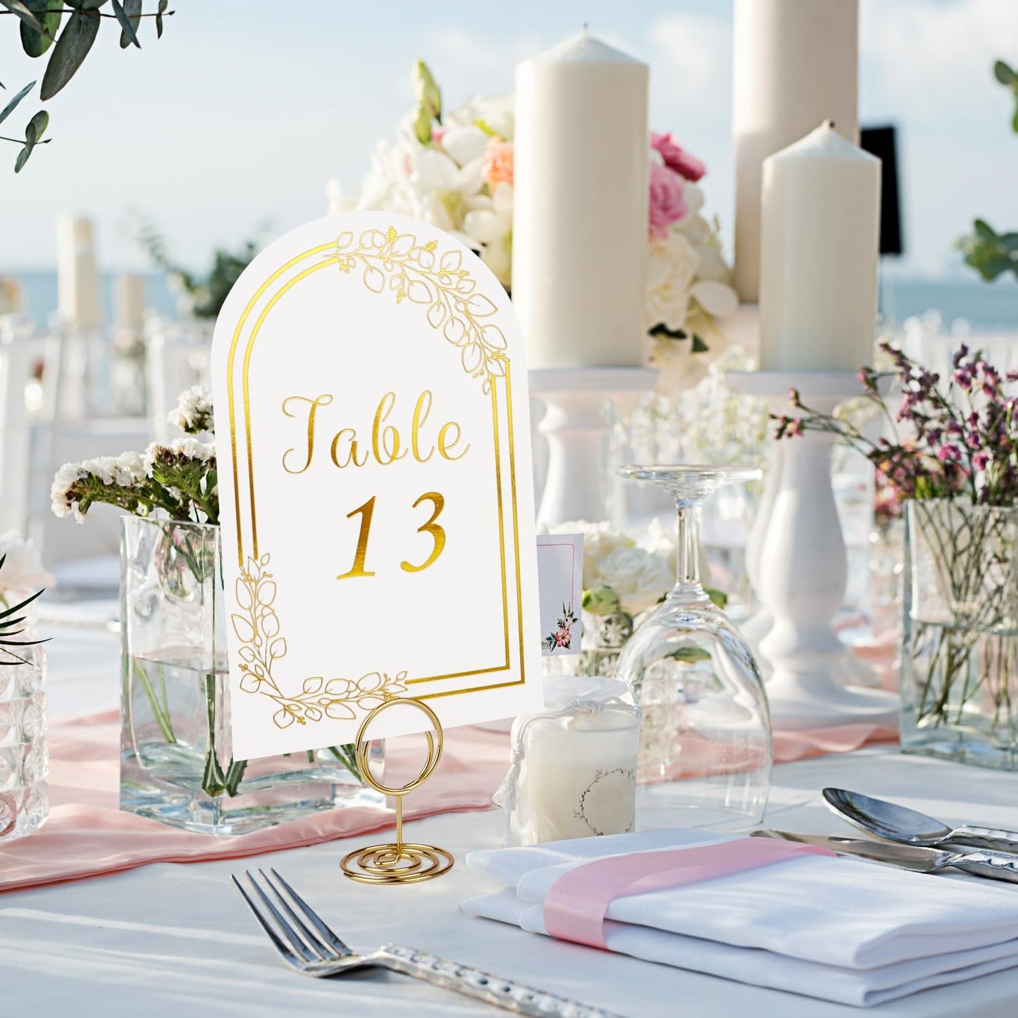 Wedding Table Numbers 1-20, 20 White Gold Tables Number Cards with 20 Gold Table Holders, 1 Set of 20 Numbers Card for Wedding Reception(Card and Holder)