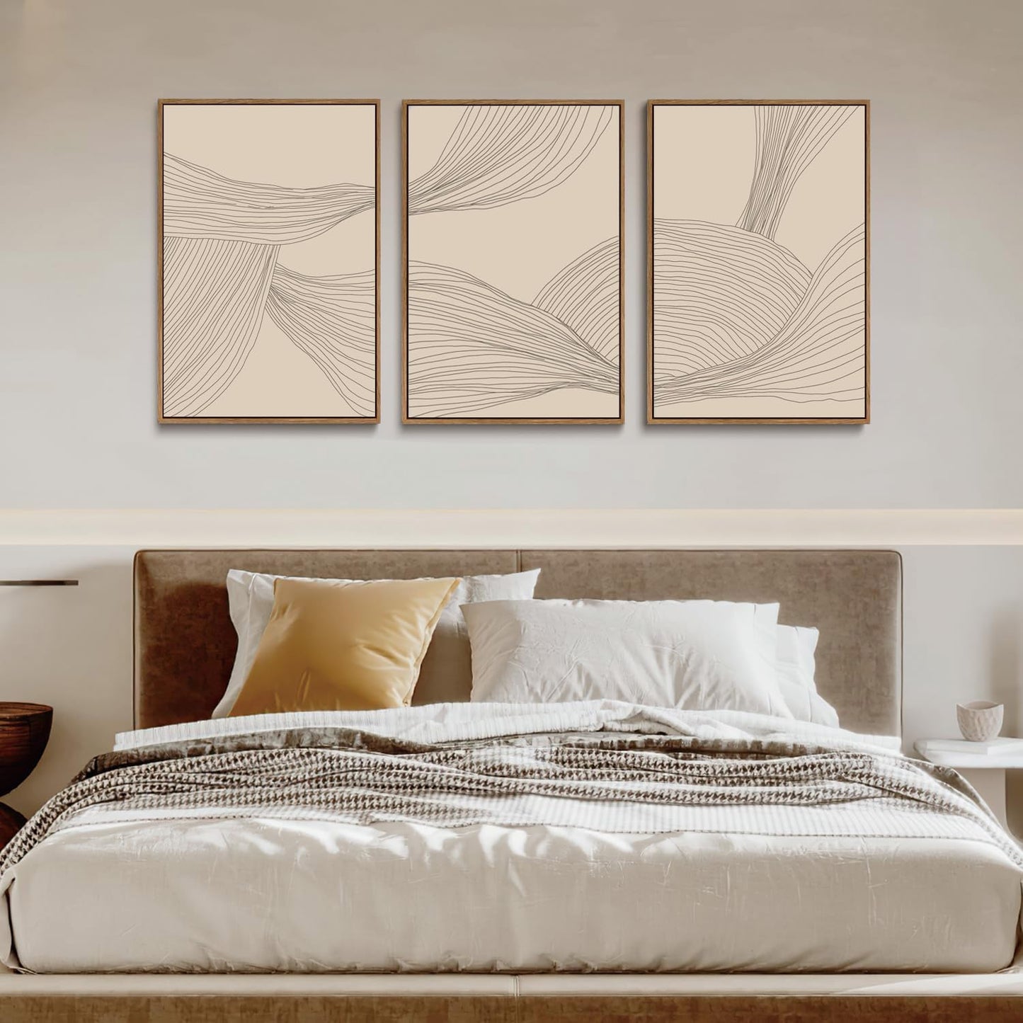 myusuar 3 Piece Large Modern Abstract Canvas Framed Wall Art For Living Room, Beige Minimalist Wall Art Decor Posters Prints For Bedroom Office, 12x16in