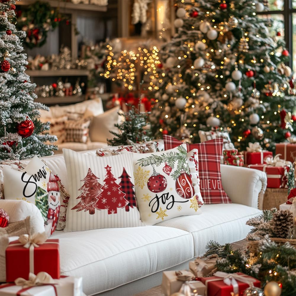GEEORY Winter Christmas Throw Pillow Covers 16 x 16 Inch Set of 4, Xmas Trees Snowflake Snowman Joy Holiday Farmhouse Decorative Cushion Cases for Home Decoration G583-16