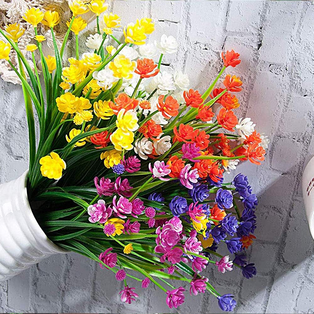 Artificial Flowers Outdoor UV Resistant Fake Plants Indoor Outside Hanging Planter Home Garden Decor, 10 Bundles (Yellow)