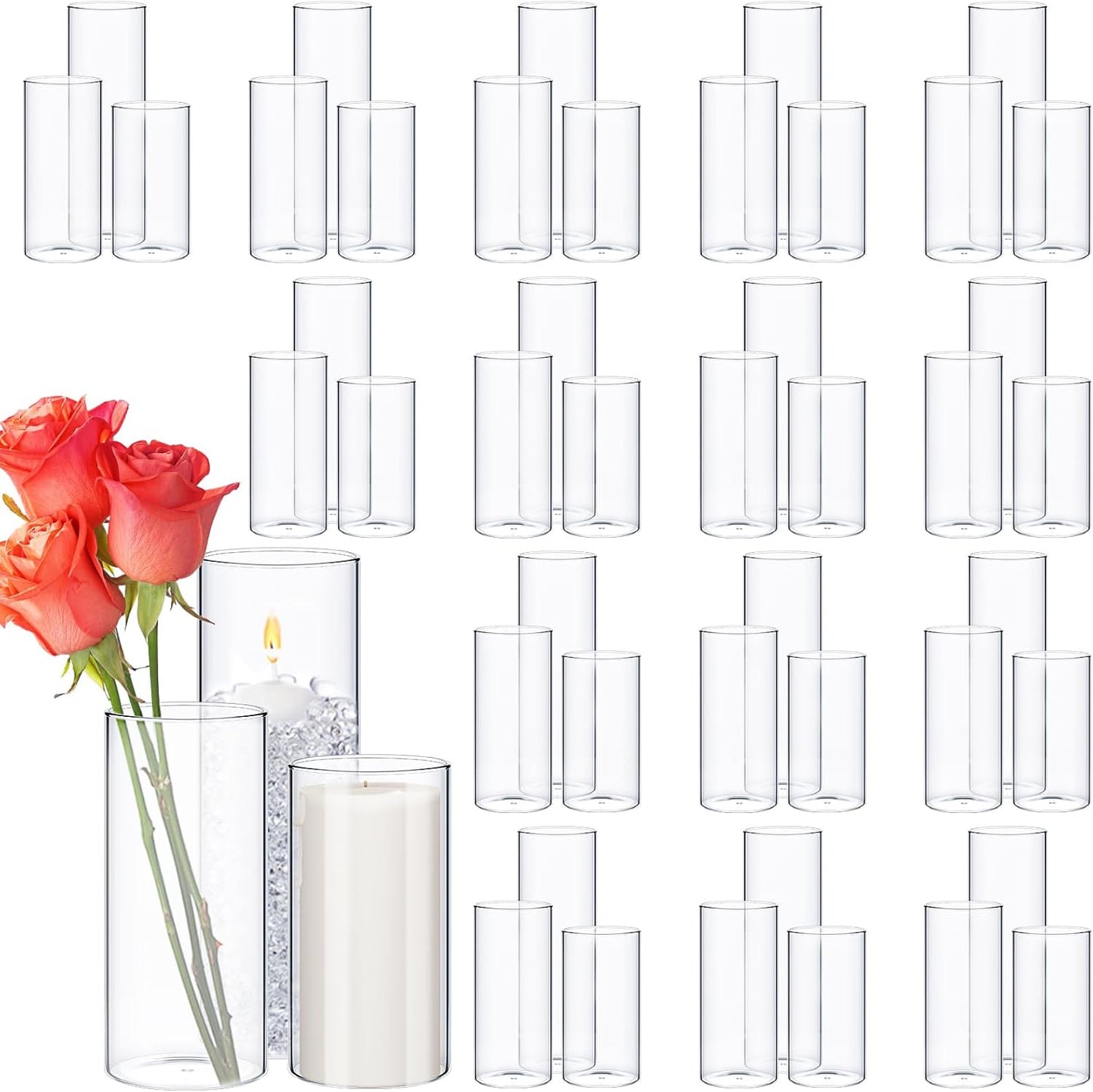 Thin Glass Cylinder Vases 2.5''/3.3'' Diameter 2mm Wall Thickness Clear Flowers Vase Hurricane Floating Candles Holders for Table Centerpieces Wedding Decor(2.5'' X 5'',6'',8'',48 Pcs)