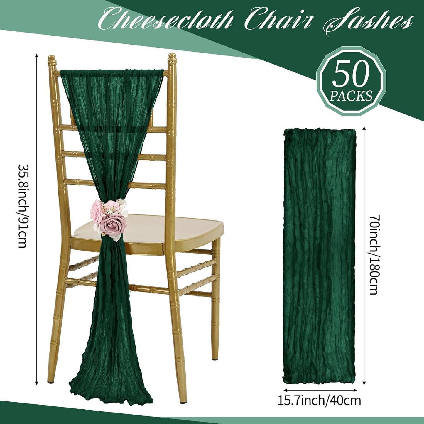 50 PCS Cheesecloth Chair Sashes, Bows Designed ChairSashes, 15.7x70 inch Chair Sashes for Aisle Decorations Universal Chairs Cover Decoration for Wedding Reception Party Banquet (Emerald Green)