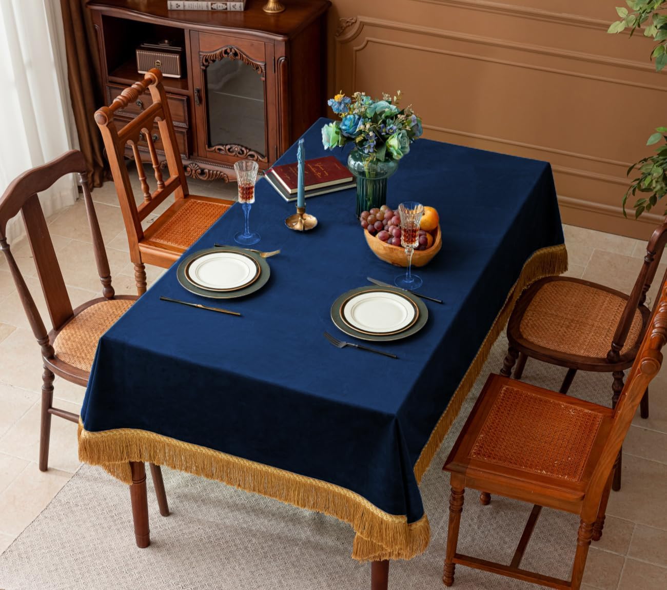 F-CHU Blue Tablecloth Thickset Velvet Tablecloth with Beautiful Gold Tassels Vintage Table Cloth for Home Decor Wedding, Party, Banquet and Events 60x86-Inch