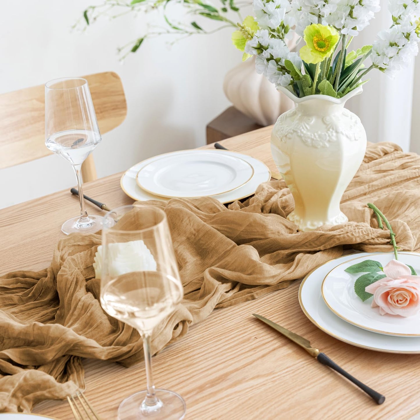 Asee'm 6pcs Cheesecloth Table Runner 120 Inches Long Khaki Boho Gauze Cheese Cloth Runner 10FT Rustic Sheer Table Runners for Christmas Wedding Party Baby Shower Spring Easter Decoration