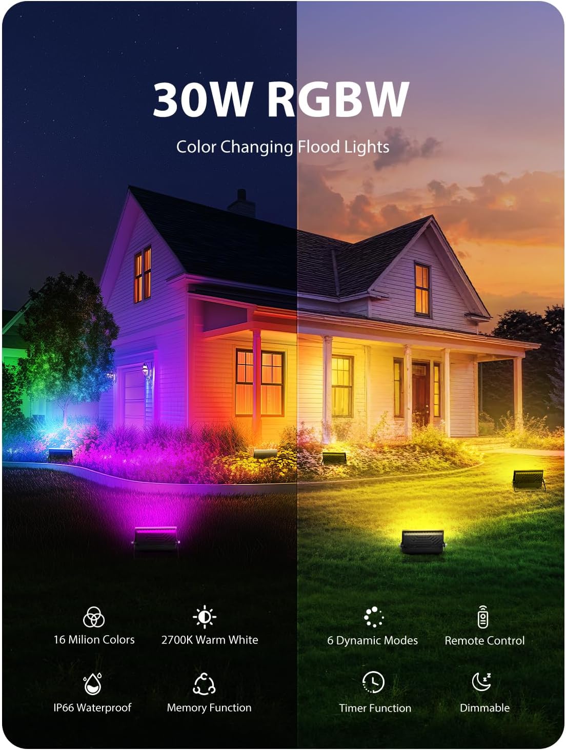 Onforu LED Flood Light Outdoor 300W Equivalent, 30W Color Changing RGBW Floodlight with Remote, 2700K Warm White IP66 Stage Lights Indoor Uplights for Events, Uplighting for Halloween 4 Pack
