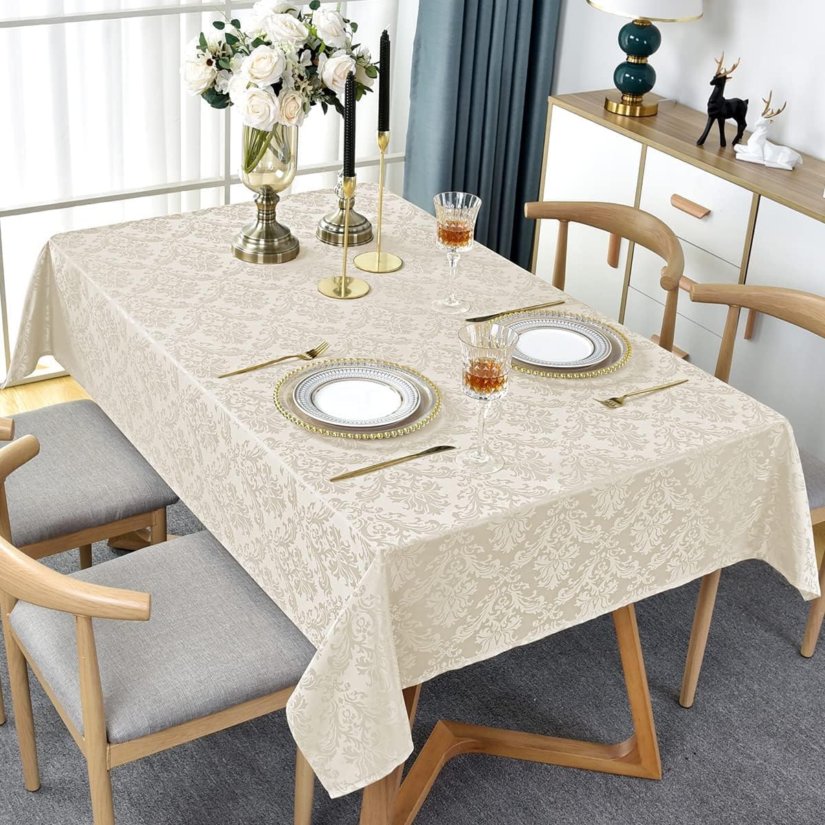 Jacquard Tablecloth Square 52 x 52 Inch Beige, Spill Proof Stain Resistant Damask Table Cloth, Washable Polyester Table Cover for Dining, Party, Indoor, Outdoor (Off White, Square)