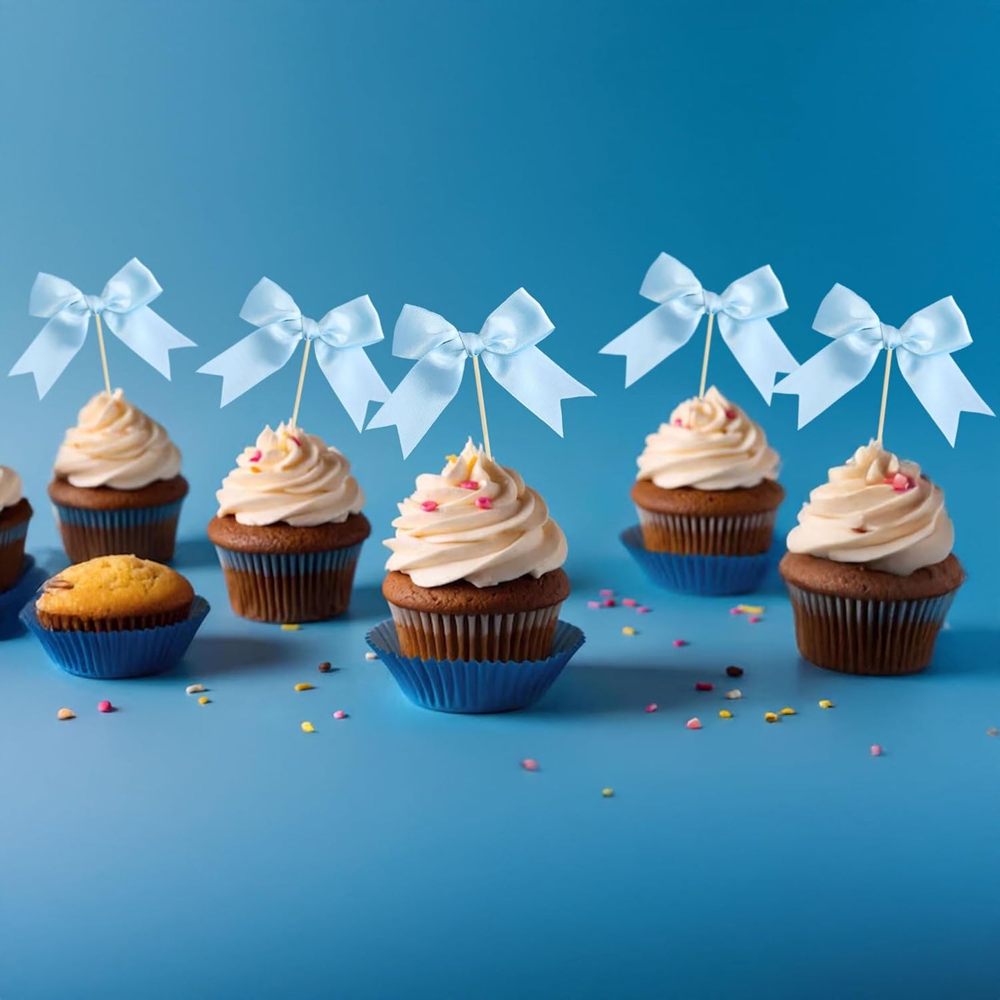 Gyufise 24Pcs Bow Cupcake Toppers Coquette Bow Girls Birthday Cake Decorations Bowknot Cake Toppers Bowknot Cupcake Picks for Baby Shower Birthday Wedding Bridal Engagement Party Supplies Lake Blue