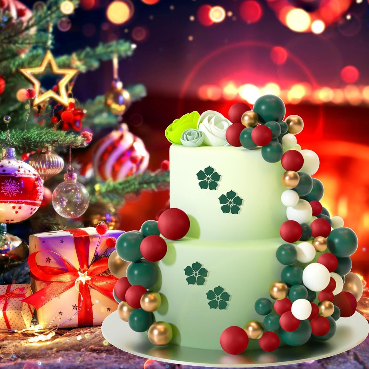 ASTARON 32 Pcs Ball Cake Topper Christmas Decorations Mini Balloons Sticks Foam Balls Cake Picks Cake Topper Balls Cake Decorations for Christmas Birthday Cake (Red Green Gold)