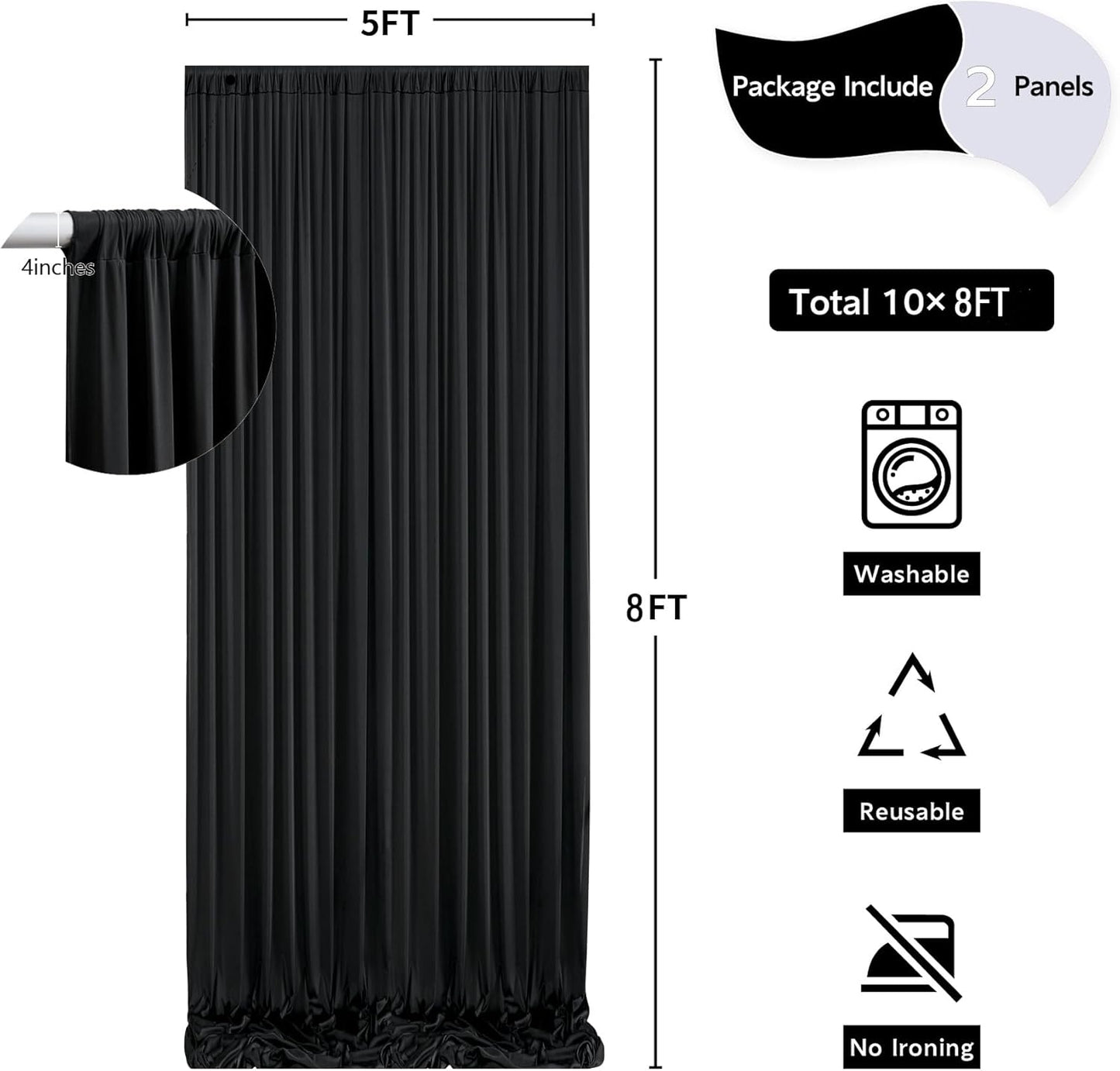 10 ft x 8 ft Wrinkle Free Black Backdrop Curtain for Parties, Polyester Black Photo Backdrop Drapes for Graduation Birthday Wedding Party Stage Curtains