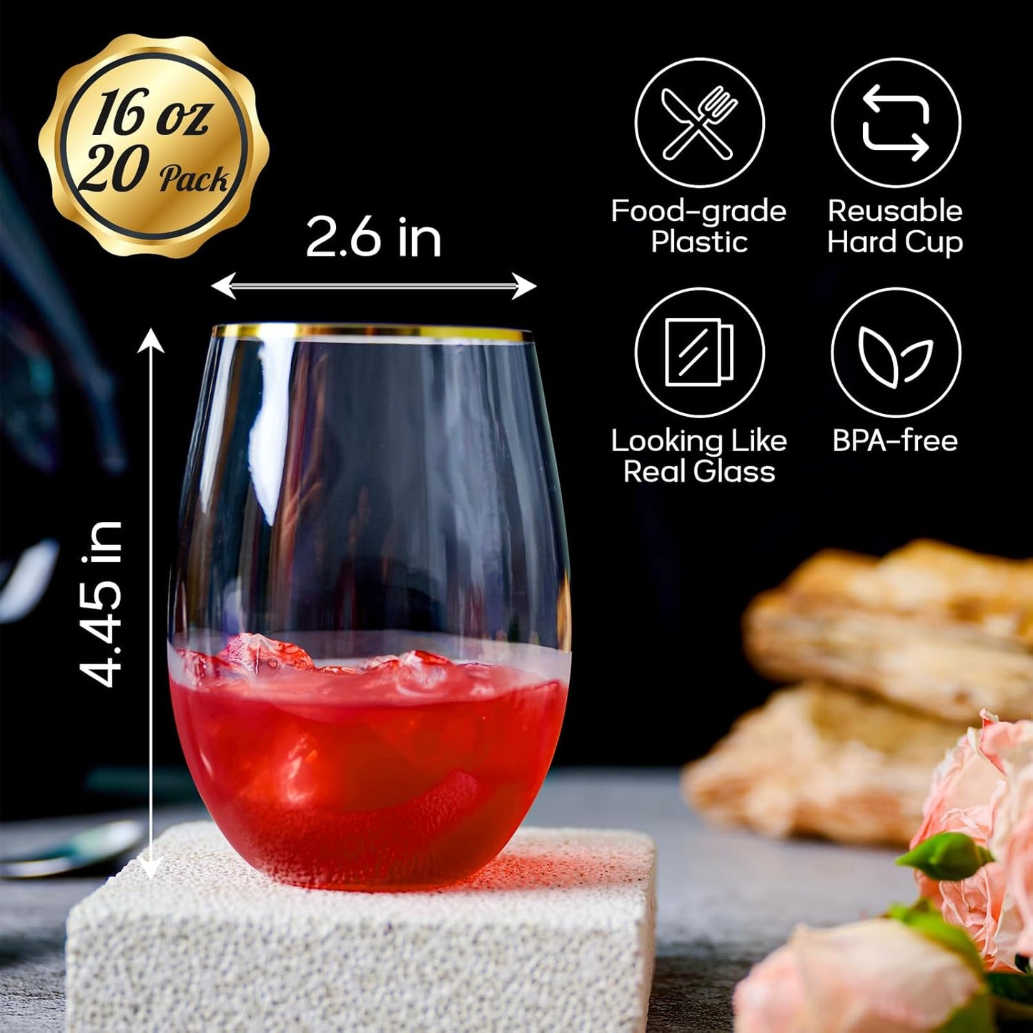FOCUSLINE 20pcs 16 Oz Plastic Wine Glasses, Stemless Gold Rim, Heavy Duty Disposable Drinking Cups, Reusable Shatterproof for Party & Wedding