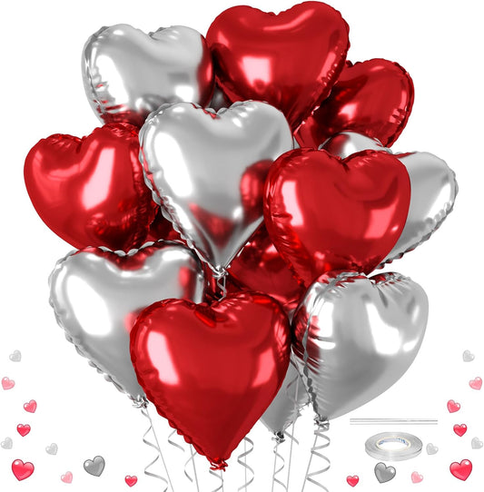 12 Pcs Heart Balloons, 18 inch Valentine's Day Heart Shaped Balloons, Red Silver Foil Helium Balloon, Love Foil Balloon for Valentine's Day Wedding Baby Shower Party Decorations