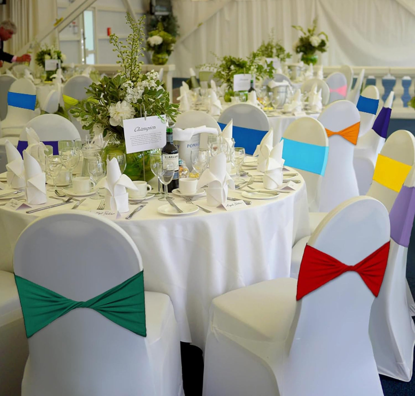 MDS Pack of 25 Spandex Chair Sashes Bows Elastic Stretch Dining Chair Bands Ties Without Slider Buckle Universal fits for Wedding Baby Shower Birthday Party Banquet Event Decoration - Orange