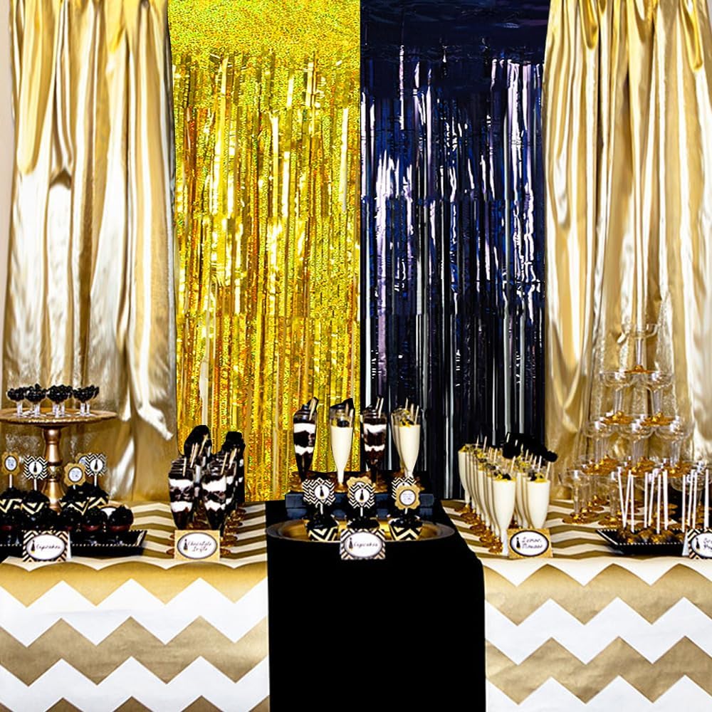 BEISHIDA 4 Pcs Black and Gold Party Streamers Fringe Foil Curtain Backdrop Tinsel Background Party Decoration for Door Wall Graduation Birthday Wedding Anniversary Christmas Party Decoration
