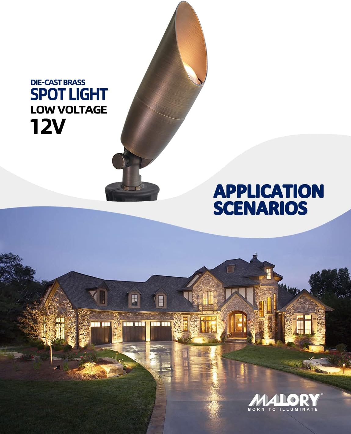 MALORY Solid Brass Landscape Spotlight 6-Pack with Bulb(S06), Low Voltage Front and Backyard Landscape Lighting with Large Rugged Slot Spike & Wire Connector,12V AC/DC Garden Patio Spot Up Light