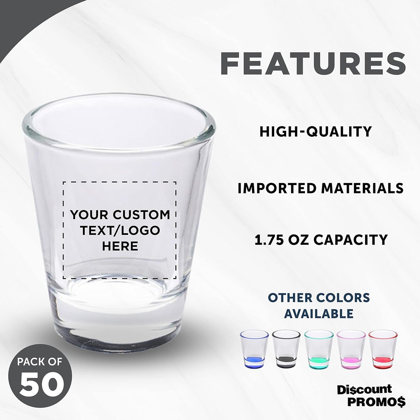 Custom Shot Glasses 1.75 oz. Set of 50, Personalized Bulk Pack - Great for Wedding Favors, Bachelorette Party Decorations, Party Fovors, Color Bottom - Clear