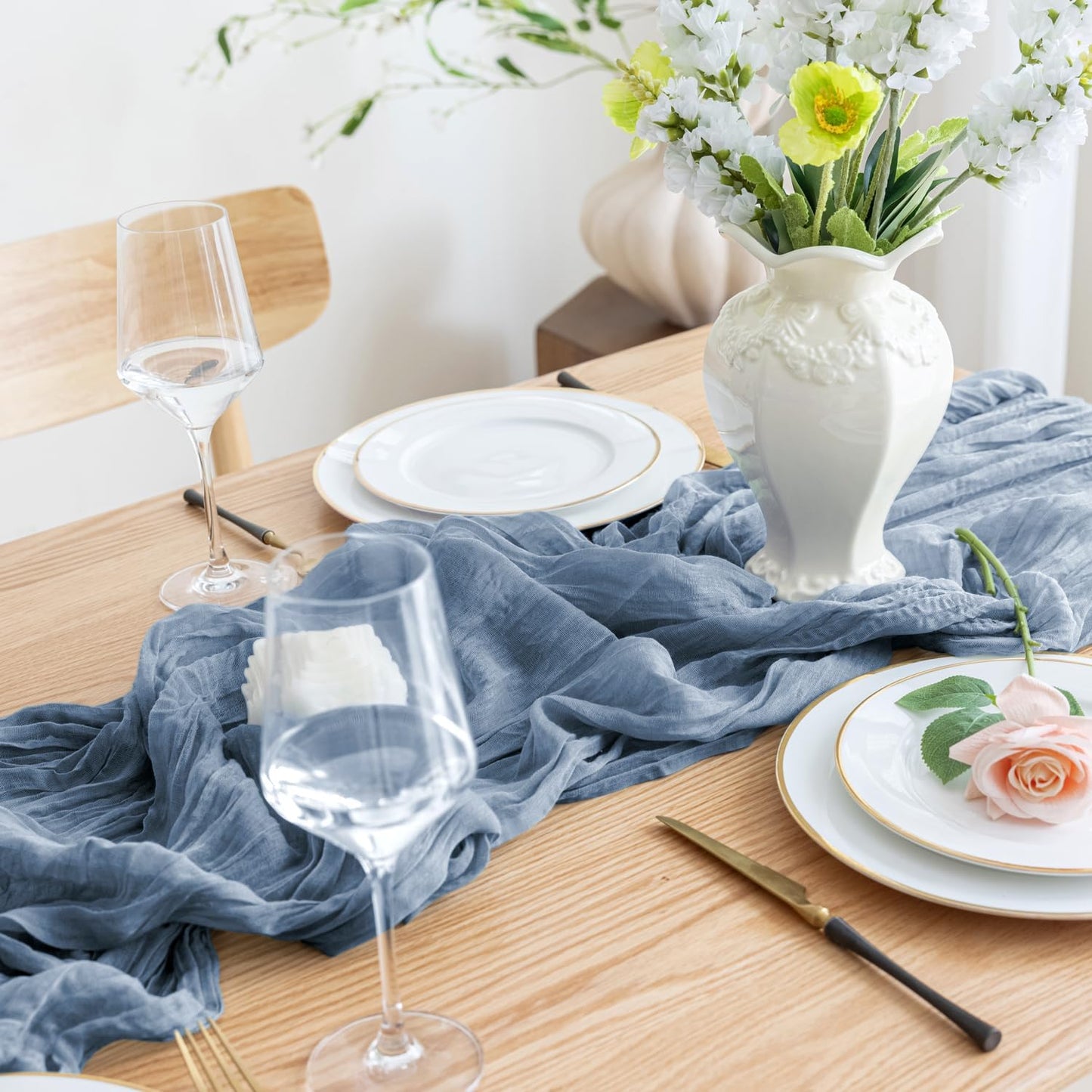 Asee'm Cheesecloth Table Runner 120 Inches Dusty Blue Boho Gauze Cheese Cloth Runner 10FT Rustic Sheer Dining Table Runners for Fall Thanksgiving Wedding Baby Shower Decoration