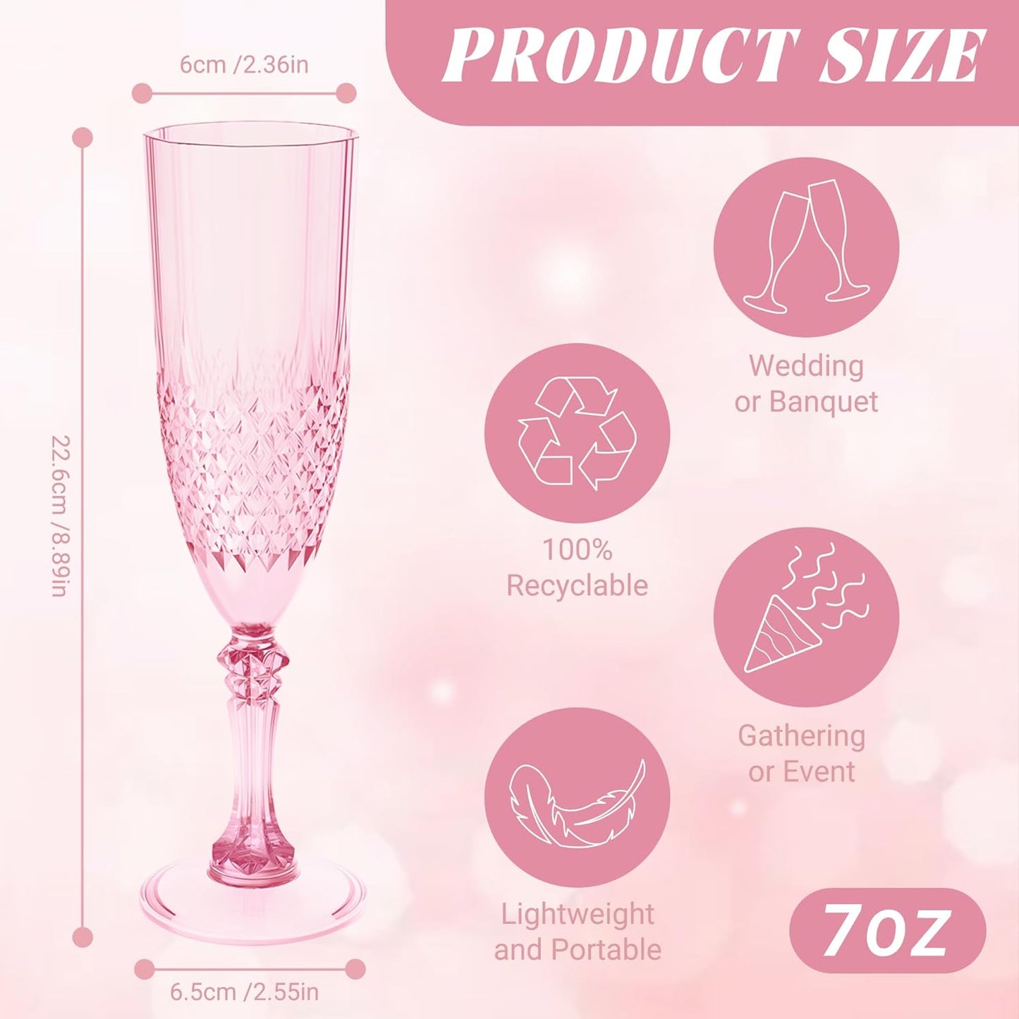 Plastic Champagne Flutes, 100PCS Pink Wine Glasses Goblets Cups Reusable Flute, for Weddings Bachelor Parties Toasting and Events(100, Pink)